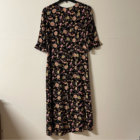 Loft Floral Print Midi Black Ruffle Sleeve Dress Size 4 Career Work Wear - Picture 6 of 9
